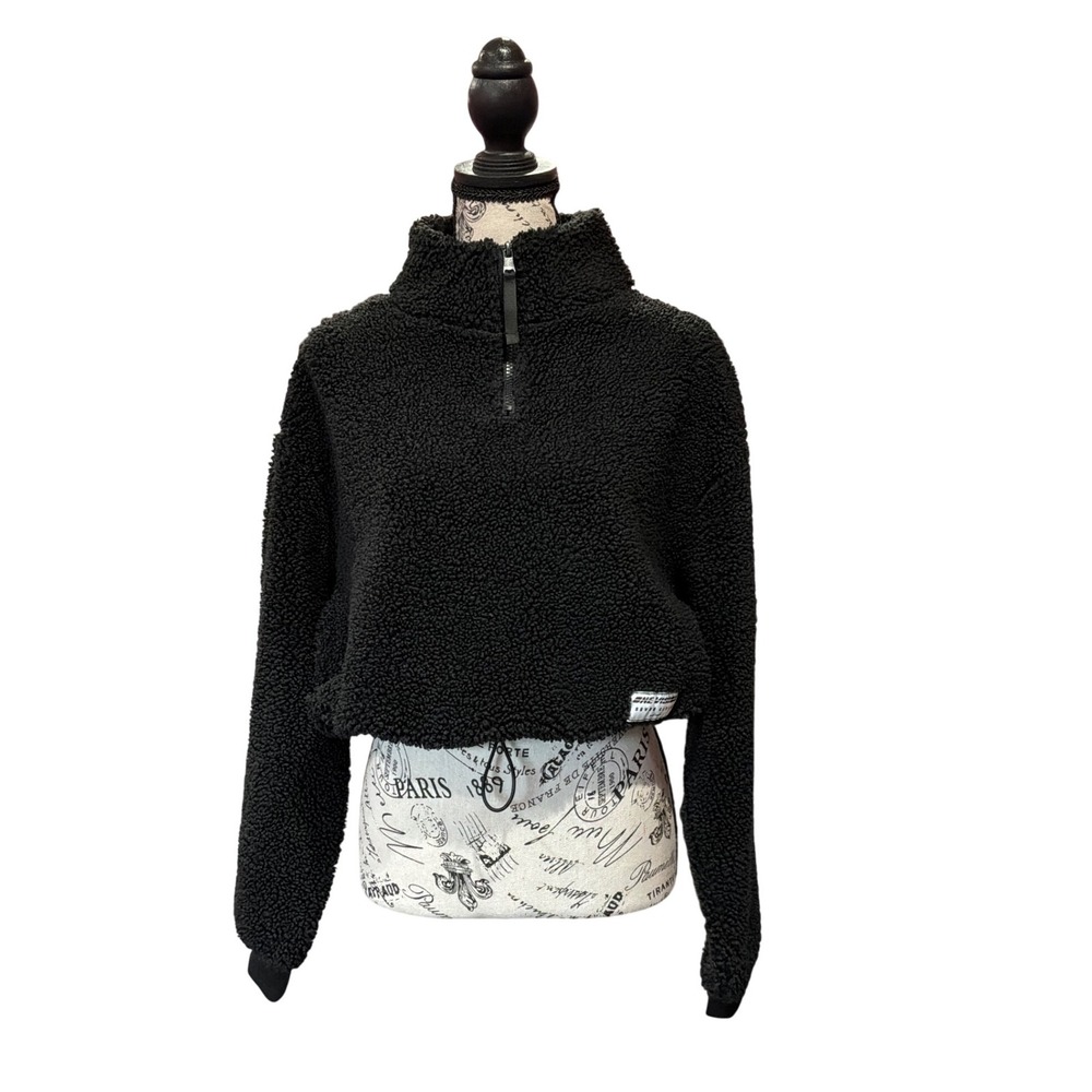 H&M Divided Women Black Teddy Fleece Cropped Quarter Zip Pullover Sweatshirt M